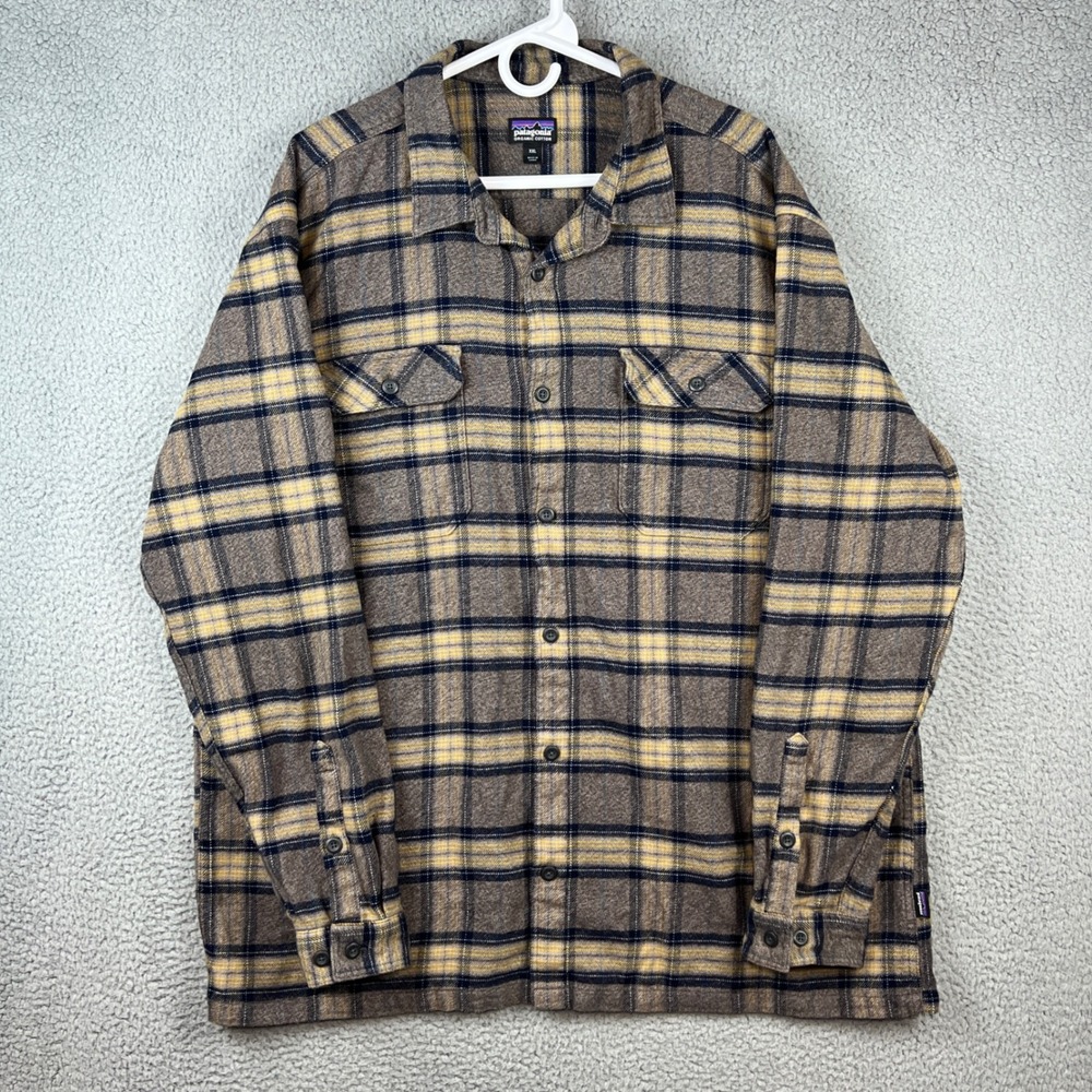 Patagonia Fjord Flannel Shirt Mens XXL Brown Yellow Plaid Organic Cotton 53947